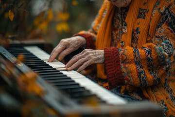 Poster - An elderly woman playing the piano, her fingers gracefully moving over the keys,