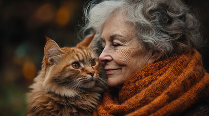 Aufkleber - An elderly woman enjoying a quiet moment with her cat,