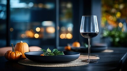   A glass of wine sits atop a table alongside a bowl of fruit and another glass of wine