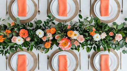 Wall Mural -   A table with place settings, topped with orange napkins, flowers, and greenery