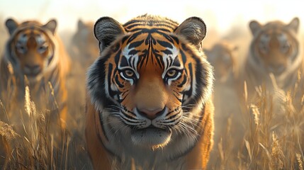 Close-up of a tiger in a flock, looking at the camera, with other tigers in the background, soft background, peaceful savannah landscape