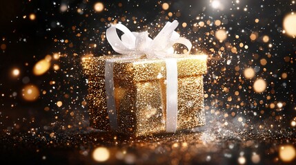   A gold gift box with a white ribbon and bow on a black background, with a soft bokeh effect