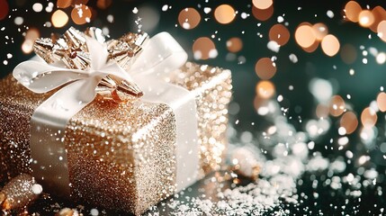   Gold box with white ribbon and bow on snowy ground