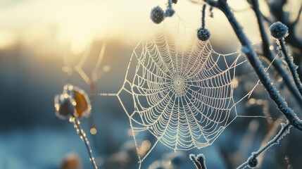A glistening spiderweb, adorned with tiny ice crystals, shimmering in the morning sunlight. The hidden beauty of winter's delicate ecosystems.