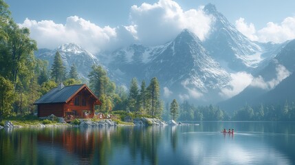 Poster - Scenic Mountain Lake Cabin with Kayaking Family