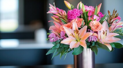 Wall Mural -   A vase brimming with myriad blossoms atop a table, adjacent to a vase bursting with shades of pink and purple