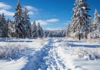 A serene winter landscape features a snowy path in a forest filled with tall, frosted trees