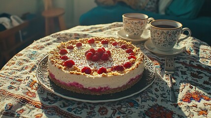   A cake sits on a plate atop a table beside two cups and a saucer