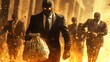© Helois - A group of masked men in suits carrying a bag of money run through a fiery street.