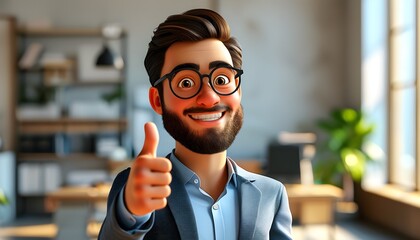 Wall Mural - Cheerful Cartoon Businessman Celebrating Success with Thumbs Up in Contemporary Office, Vibrant 3D Animation of Positive Energy and Achievement