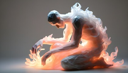 Wall Mural - Ethereal Low Poly Sculpture of Translucent Figure Molding Clay with Radiant Hands