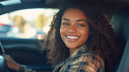 Dealership automobile, happy young woman sitting in new a car after purchase