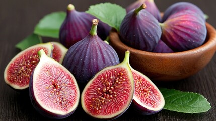 Wall Mural -   A wooden bowl containing figs sits beside another wooden bowl holding sliced figs atop a table