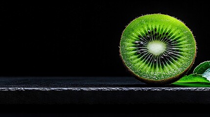 Wall Mural -    a cut kiwi fruit on a dark background with a nearby leaf