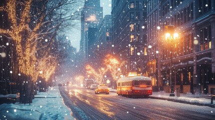 Winter cities adorned with twinkling holiday lights, snow gently falling on historic streets and modern buildings, creating a magical urban atmosphere