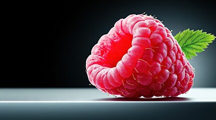 Wall Mural -   A close-up of a raspberry with a green leaf at the end of the fruit