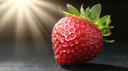   A close-up of a juicy strawberry on a table beneath warm sunlight highlights its rich color and texture