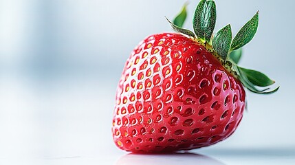 Wall Mural -   Strawberry in focus, green leaf on stem, white background