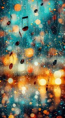 Wall Mural -   A melodious collection of musical notes, suspended from a rain-soaked window as raindrops cascade upon them