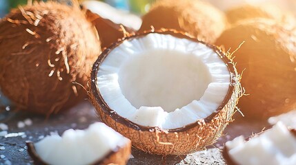   Two coconuts resting on a table, one sliced and bitten