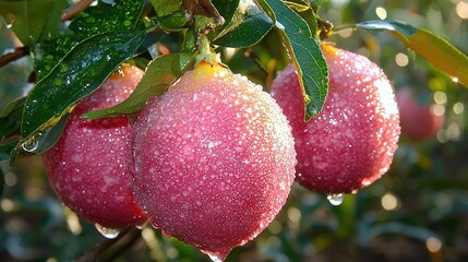 Wall Mural -   A close-up of juicy fruit hanging from a tree, with droplets of water glistening on the leaves, against a softly blurred background