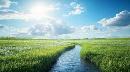 Poster - A river runs through a lush green field