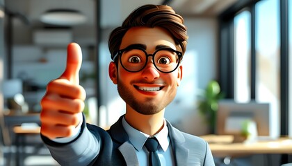 Wall Mural - Cheerful Cartoon Businessman Celebrating Success with Thumbs Up in Contemporary Office, Vibrant 3D Animation of Positive Energy and Achievement