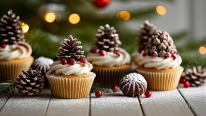 Wall Mural -  Sweet Christmas  Festive cupcakes with pinecone toppers and red berries