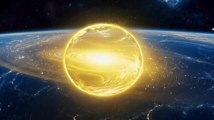 Wall Mural - abstract futuristic glowing yellow light sphere set stunning space star background captivating 4K video showcases magic hightech energy creating visually arresting experience captures