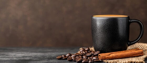  A cup of coffee beside cinnamon and a sack of burro beans on a table against a brown backdrop