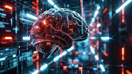 Poster - Digital brain with glowing circuits is processing data inside computer system, concept of artificial intelligence, machine learning, neural network