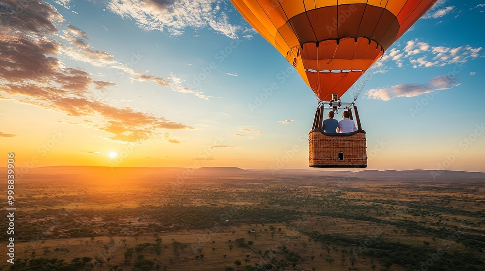 Couple enjoying a hot air balloon ride at sunset, adventure and romance ...
