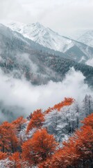 Poster - A mountain range covered in snow and trees with orange leaves