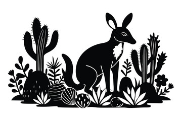 Wall Mural - wallaby in plants and cactus white background D.eps