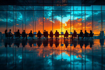 Canvas Print - A team of professionals brainstorming at a large, minimalist conference table, with laptops open in front of them.