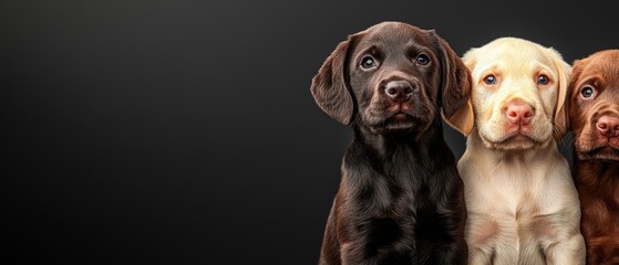  A trio of dogs seated together against a single black backdrop