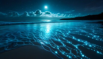 Canvas Print - Glowing Ocean Surface: Bioluminescent Plankton Under a Full Moon