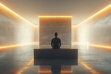 Poster - A man standing at a minimalist podium, delivering a speech to an unseen audience in a sleek, modern space.