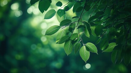 Wall Mural - A serene close-up of vibrant green leaves on tree branches, softly illuminated by sunlight.