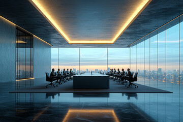 Poster - A group of executives working together in a bright, minimalist conference room, with only a few laptops on the table.