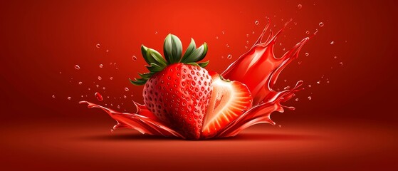 Wall Mural -  A red backdrop features a water splash and a strawberry atop, its green leaf included