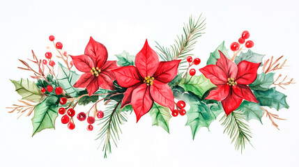 Painted watercolor poinsettia flower, Christmas decoration with red berries and festive foliage