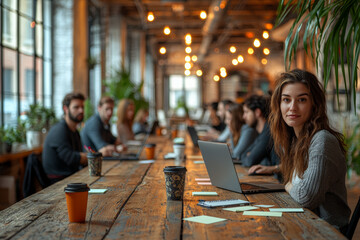 Poster - a group of coworkers collaborating around a conference table, with laptops, coffee cups, and sticky 