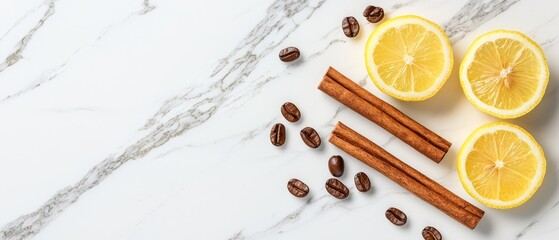 Wall Mural -  Cinnamon sticks, lemons, and oranges are artfully arranged on a pristine white marble surface