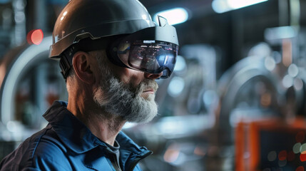 Poster - A man wearing a helmet and goggles is looking at a machine
