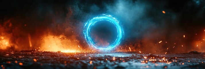 Wall Mural - A glowing blue ring stands against a backdrop of fiery orange flames and smoke.