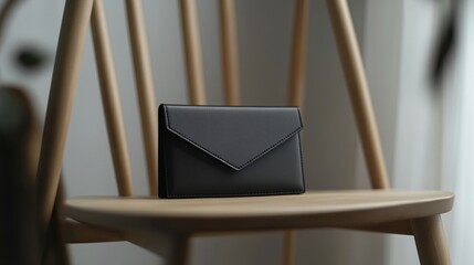 Wall Mural - A close up of a small designer clutch in matte black with a minimalist metallic clasp, resting on a simple wooden chair in a minimalist studio