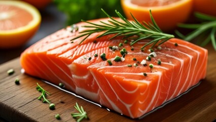 Poster -  Freshly sliced salmon garnished with dill and lemon ready to be enjoyed