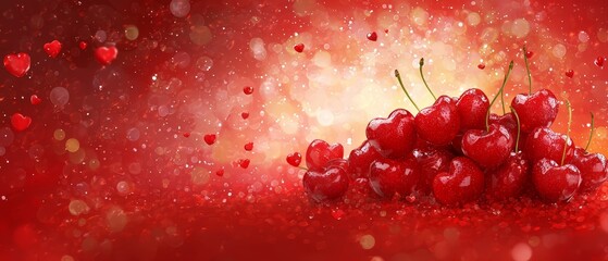 Wall Mural -  A red surface holds numerous red cherries, each with several droplets of water clinging to them