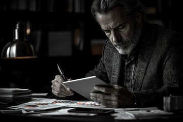 Poster - A businessman reviewing financial reports at a minimalist desk, with only a tablet and a single pen in sight.
